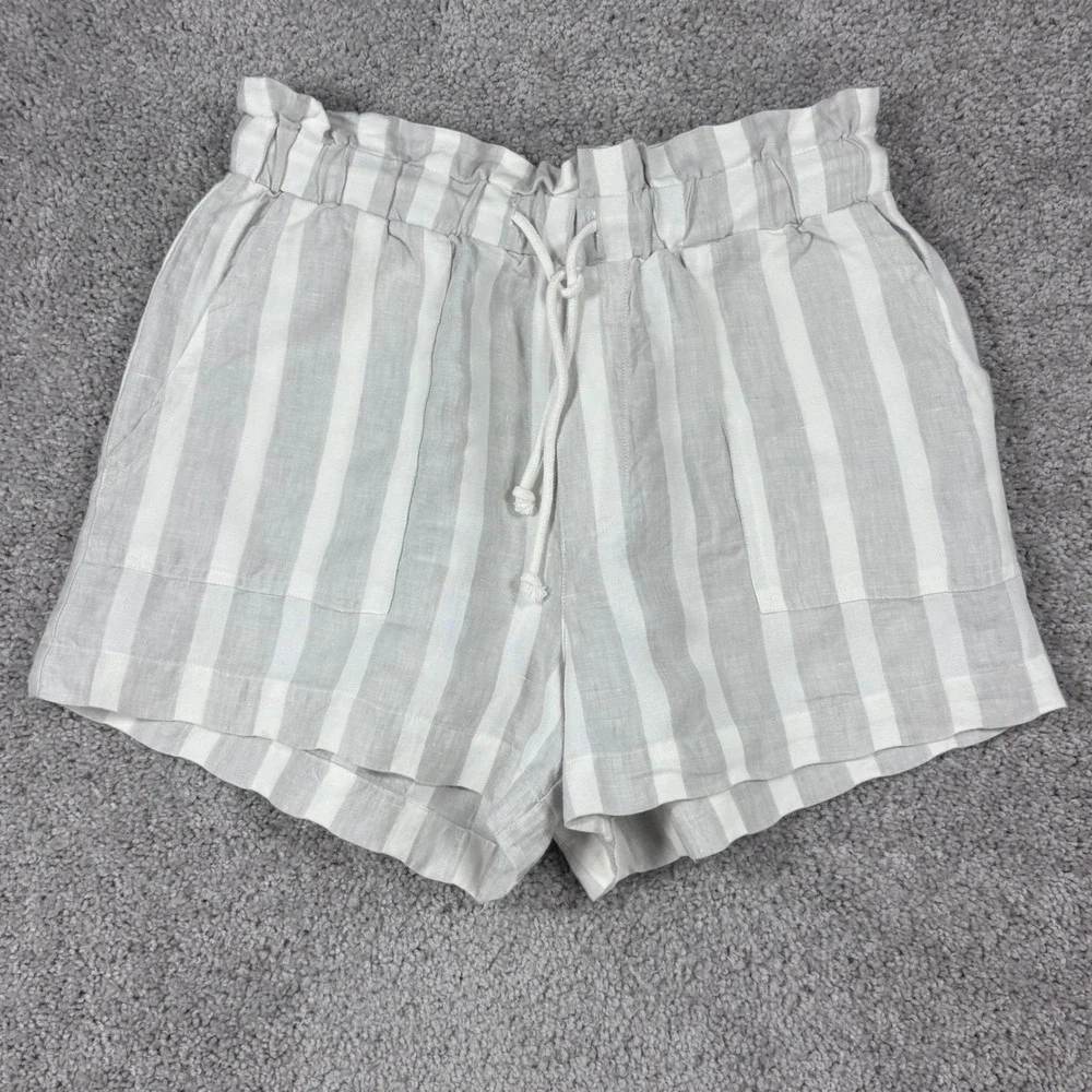 Hello Nite Linen Blend Striped Paperbag‎ Shorts Gray White Small High Rise 96Q76